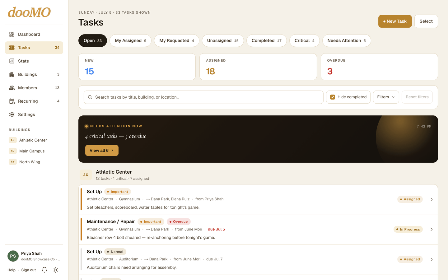 dooMO task queue organized by building